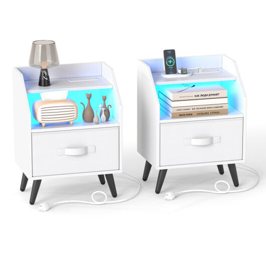 Set Of 2 Nightstands with LED Lights and Power Outlets for Living Room-White W2B