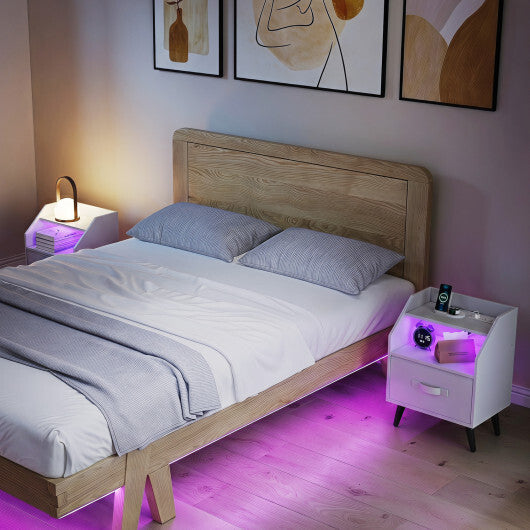 Set Of 2 Nightstands with LED Lights and Power Outlets for Living Room-White W2B