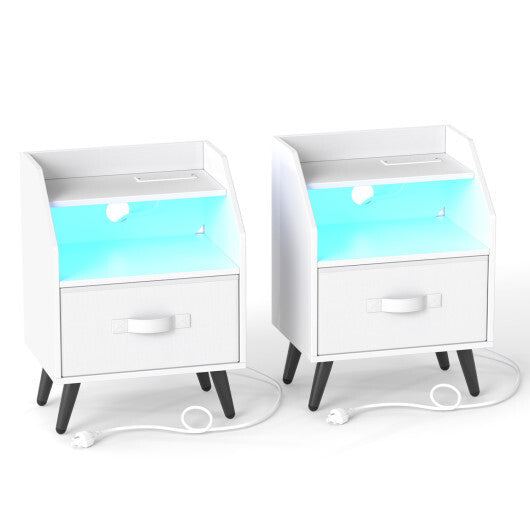 Set Of 2 Nightstands with LED Lights and Power Outlets for Living Room-White W2B