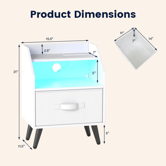 Set Of 2 Nightstands with LED Lights and Power Outlets for Living Room-White W2B