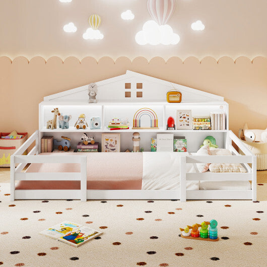 Twin Size Montessori Floor Bed with Storage Compartments and Shelf-White