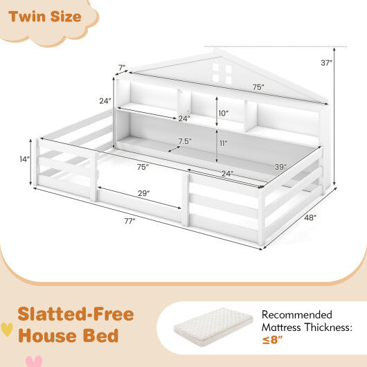 Twin Size Montessori Floor Bed with Storage Compartments and Shelf-White