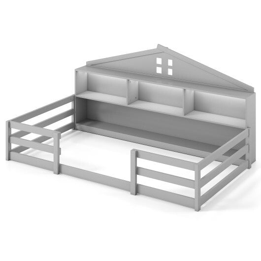 Twin Size Montessori Floor Bed with Storage Compartments and Shelf-White