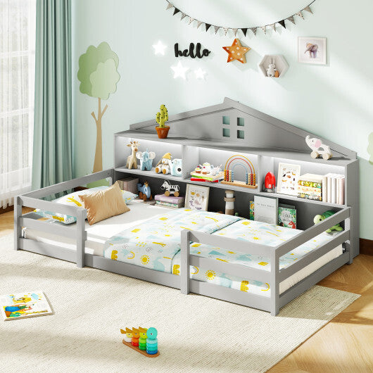 Twin Size Montessori Floor Bed with Storage Compartments and Shelf-White