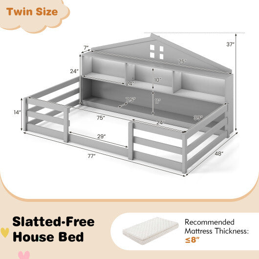 Twin Size Montessori Floor Bed with Storage Compartments and Shelf-White