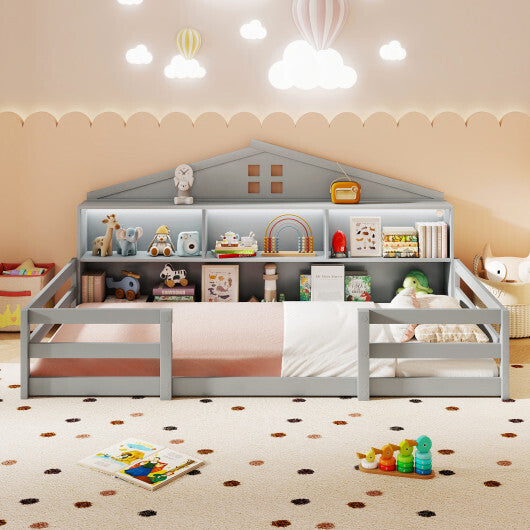 Twin Size Montessori Floor Bed with Storage Compartments and Shelf-White