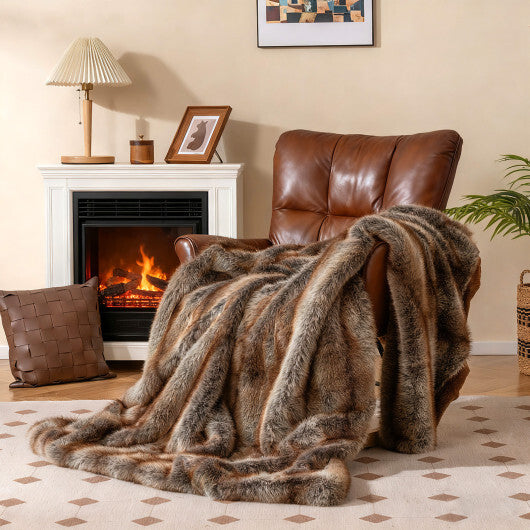 780GSM Soft Plush Fuzzy Luxury Faux Fox Fur Blanket for Sofa-Brown