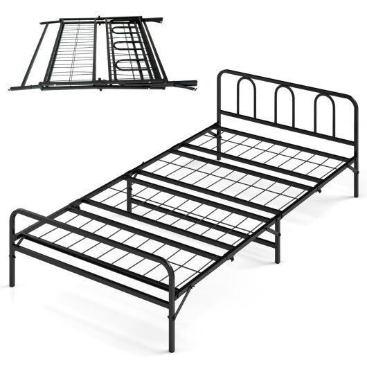 Heavy Duty Metal Twin Foldable Bed Frame with Headboard & Footboard-Black W2B