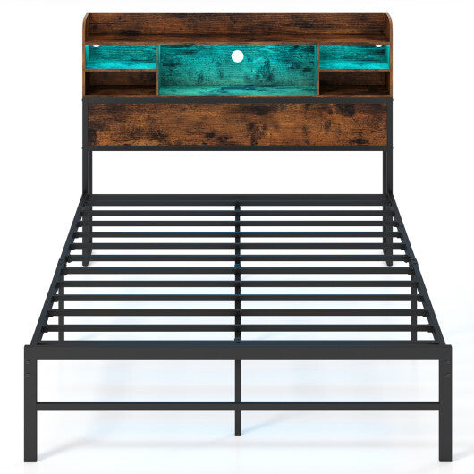 Full Size Bed Frame with Headboard LED Lights and Charging Station-Rustic Brown W2B