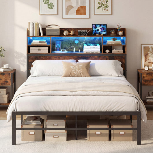 Full Size Bed Frame with Headboard LED Lights and Charging Station-Rustic Brown W2B