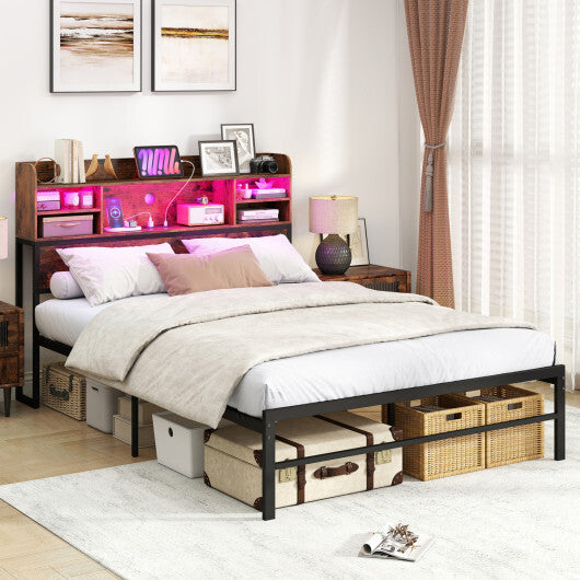 Full Size Bed Frame with Headboard LED Lights and Charging Station-Rustic Brown W2B