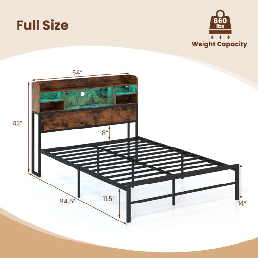 Full Size Bed Frame with Headboard LED Lights and Charging Station-Rustic Brown W2B