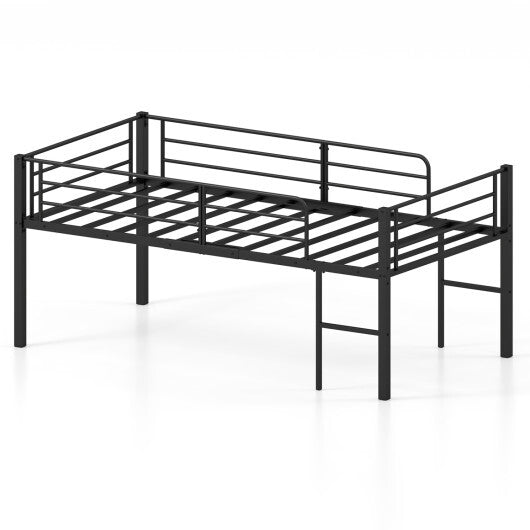 Twin Size Low Loft Bed with Safety Guardrails and 2 Ladders-White W2B