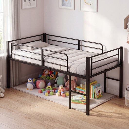 Twin Size Low Loft Bed with Safety Guardrails and 2 Ladders-White W2B