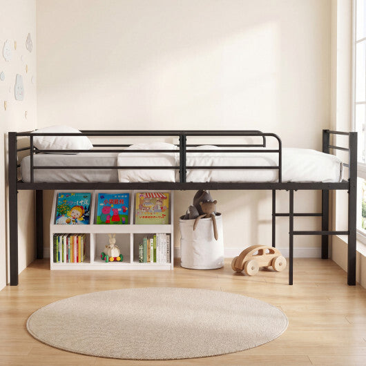 Twin Size Low Loft Bed with Safety Guardrails and 2 Ladders-White W2B