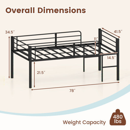 Twin Size Low Loft Bed with Safety Guardrails and 2 Ladders-White W2B