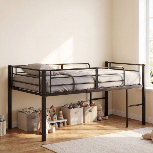 Twin Size Low Loft Bed with Safety Guardrails and 2 Ladders-White W2B