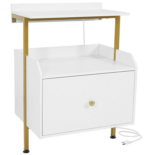 Wall-mounted Nightstand with LED Lights and Charging Station for Bedroom-White W2B