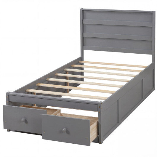 Twin Size Bed Frame with Storage Drawers and Headboard-Gray