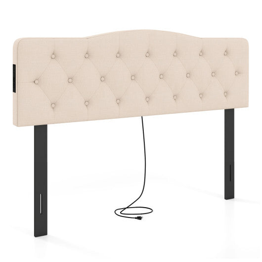Tufted Upholstered Head Board for Queen and Full Size Bed with 2 AC Outlets-Beige W2B