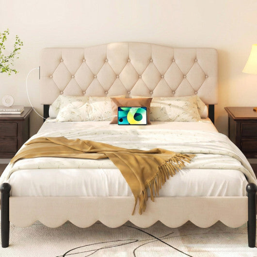 Tufted Upholstered Head Board for Queen and Full Size Bed with 2 AC Outlets-Beige W2B