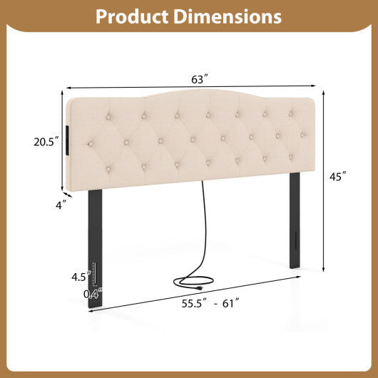 Tufted Upholstered Head Board for Queen and Full Size Bed with 2 AC Outlets-Beige W2B