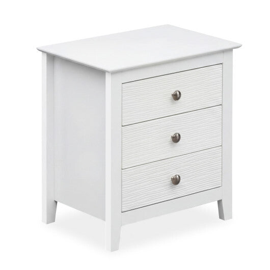 Modern Farmhouse 3-Drawer NightStand with Wood Grain Accents and Sleek Knobs-White W2B