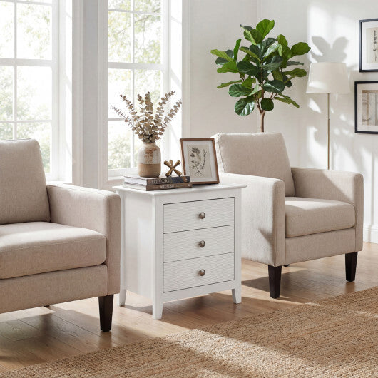 Modern Farmhouse 3-Drawer NightStand with Wood Grain Accents and Sleek Knobs-White W2B