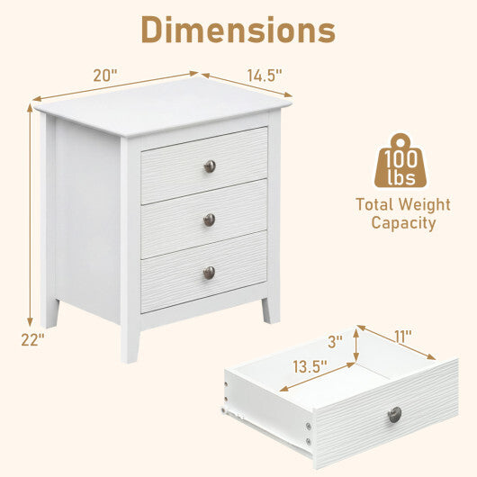 Modern Farmhouse 3-Drawer NightStand with Wood Grain Accents and Sleek Knobs-White W2B