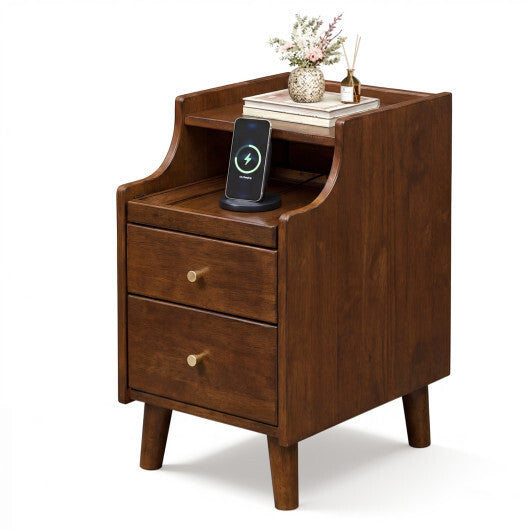 Wood Nightstand with Drawers and Solid Wood Legs for Bedroom-Brown W2B