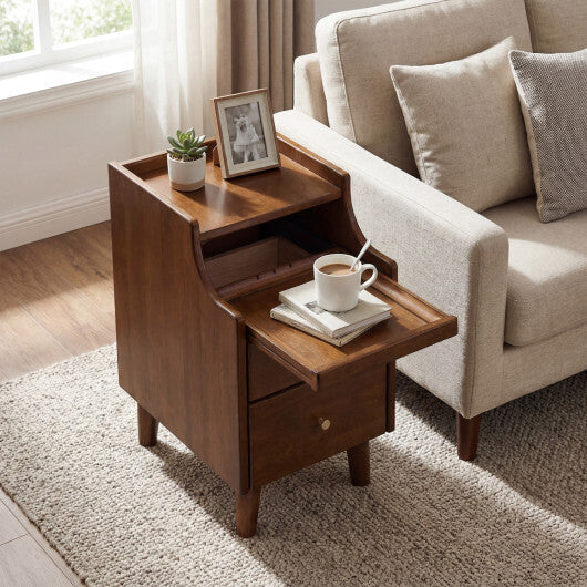 Wood Nightstand with Drawers and Solid Wood Legs for Bedroom-Brown W2B