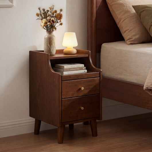 Wood Nightstand with Drawers and Solid Wood Legs for Bedroom-Brown W2B