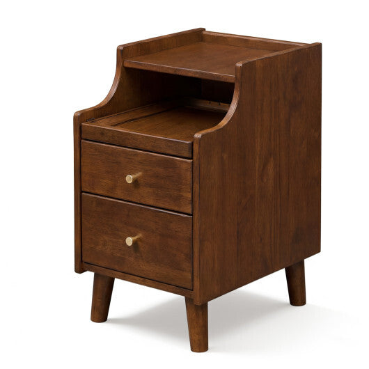 Wood Nightstand with Drawers and Solid Wood Legs for Bedroom-Brown W2B