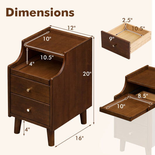 Wood Nightstand with Drawers and Solid Wood Legs for Bedroom-Brown W2B