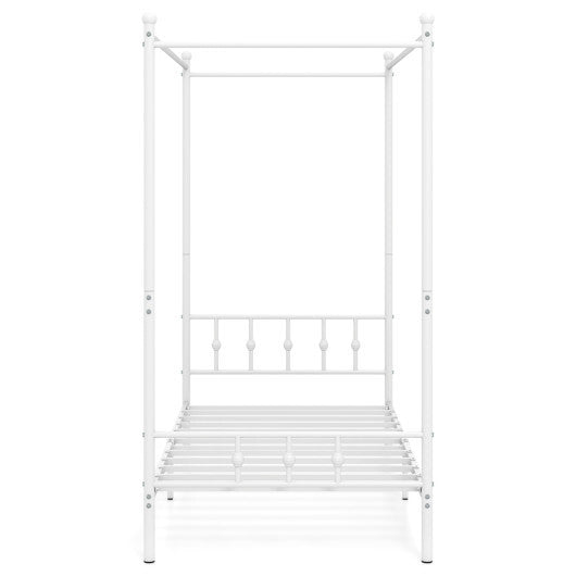 Twin Size Metal Canopy Bed Frame with Headboard and Footboard-White W2B