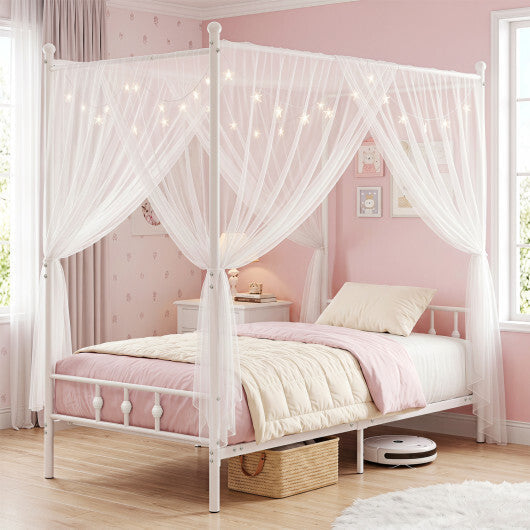 Twin Size Metal Canopy Bed Frame with Headboard and Footboard-White W2B