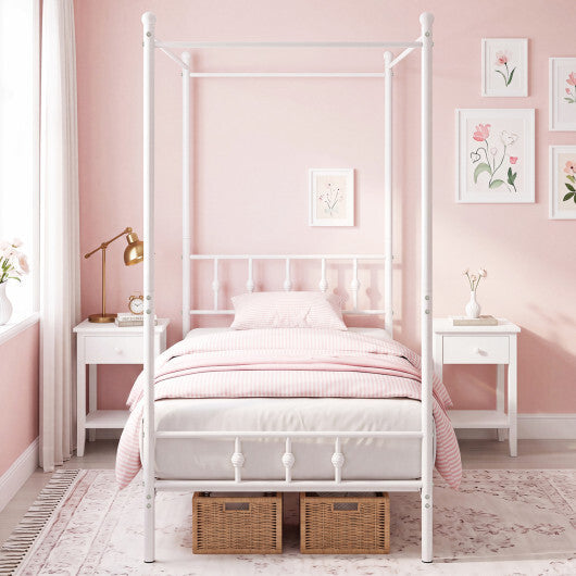 Twin Size Metal Canopy Bed Frame with Headboard and Footboard-White W2B