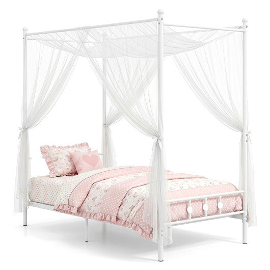 Twin Size Metal Canopy Bed Frame with Headboard and Footboard-White W2B