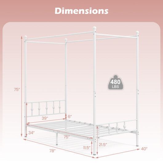 Twin Size Metal Canopy Bed Frame with Headboard and Footboard-White W2B