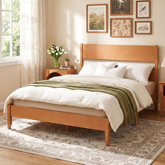 Queen Bed Frame with Headboard and Solid Wood Legs 12 Slats-Warm Brown W2B