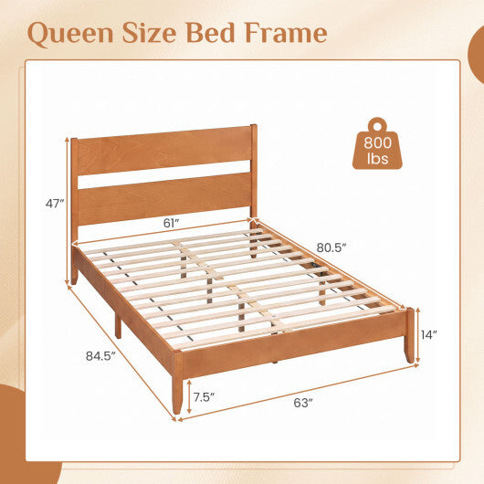 Queen Bed Frame with Headboard and Solid Wood Legs 12 Slats-Warm Brown W2B
