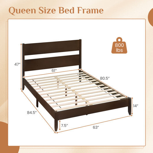 Queen Bed Frame with Headboard and Solid Wood Legs 12 Slats-Warm Brown W2B