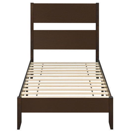 Twin Bed Frame with Headboard with Solid Wood Legs 12 Slats-Warm Brown W2B