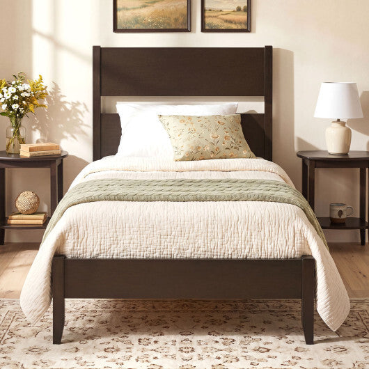 Twin Bed Frame with Headboard with Solid Wood Legs 12 Slats-Warm Brown W2B