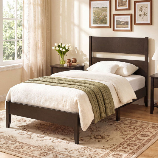 Twin Bed Frame with Headboard with Solid Wood Legs 12 Slats-Warm Brown W2B