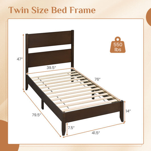 Twin Bed Frame with Headboard with Solid Wood Legs 12 Slats-Warm Brown W2B