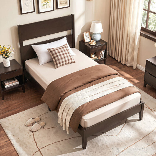 Twin Bed Frame with Headboard with Solid Wood Legs 12 Slats-Warm Brown W2B