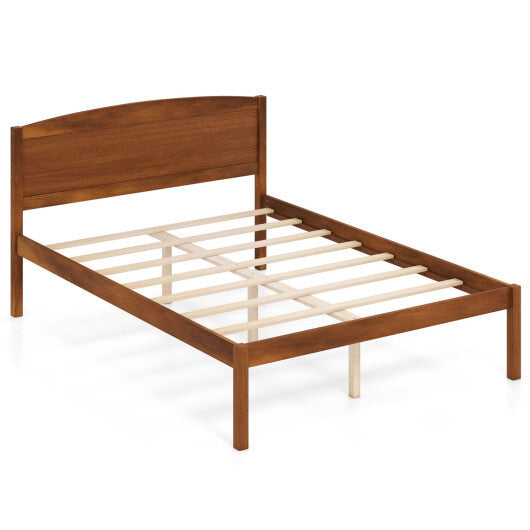 Full Size Wooden Platform Bed Frame with Curved Headboard-Walnut W2B