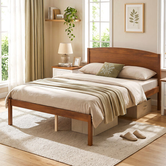 Full Size Wooden Platform Bed Frame with Curved Headboard-Walnut W2B