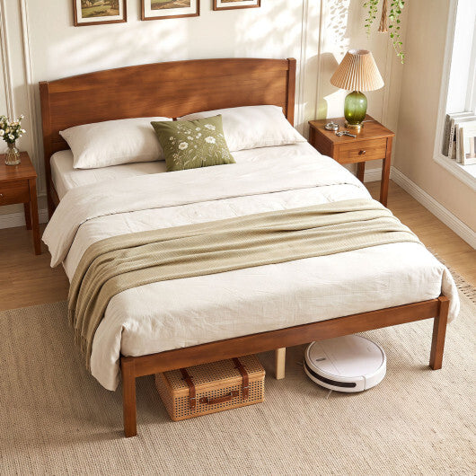 Full Size Wooden Platform Bed Frame with Curved Headboard-Walnut W2B